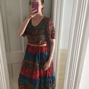 vintage BOHO dress empire waist jewel tones large l red blue ciottagecore